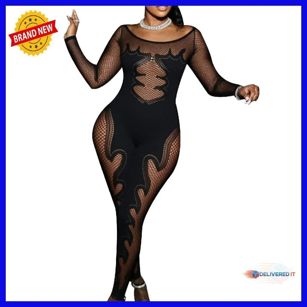 Mesh Hollow Cutout Jumpsuit Long Sleeve Party Club Outfit S/M